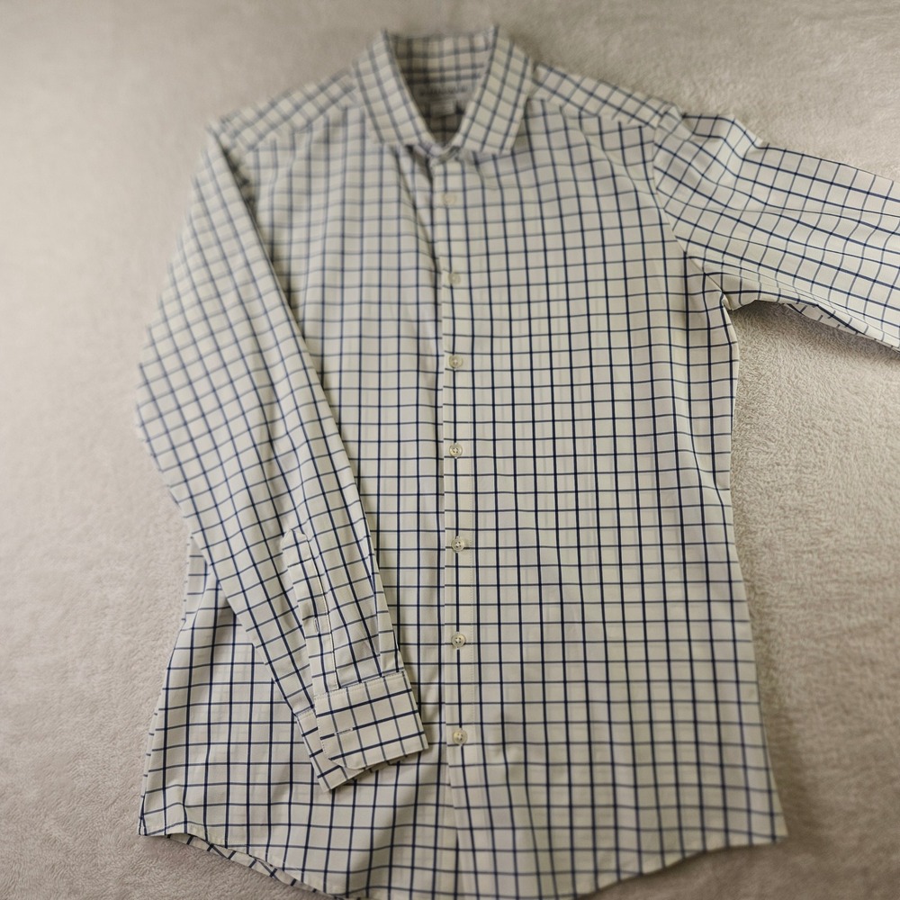 Mizzen Main Mens Trim Fit Performance Dress Shirt White Blue Windowpane L 2600
